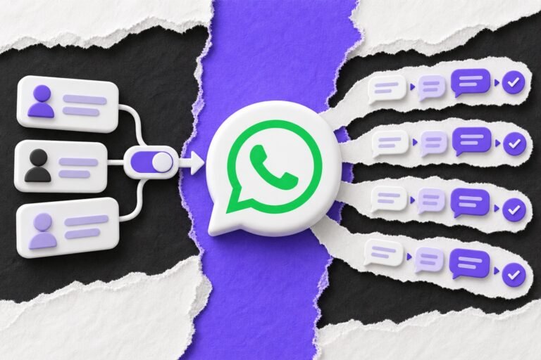 Colagem: ícone com logo do WhatsApp recebe contatos e se ramifica em quatro fluxos de balões até um check.