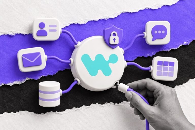 Colagem: hub com o logo do Workato, escudo e cadeado, ligado por cabos a cinco apps