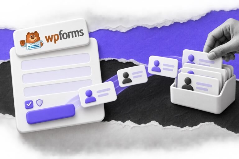 Colagem: formulário com o logo do WPForms e consentimento envia fichas de contato para um fichário