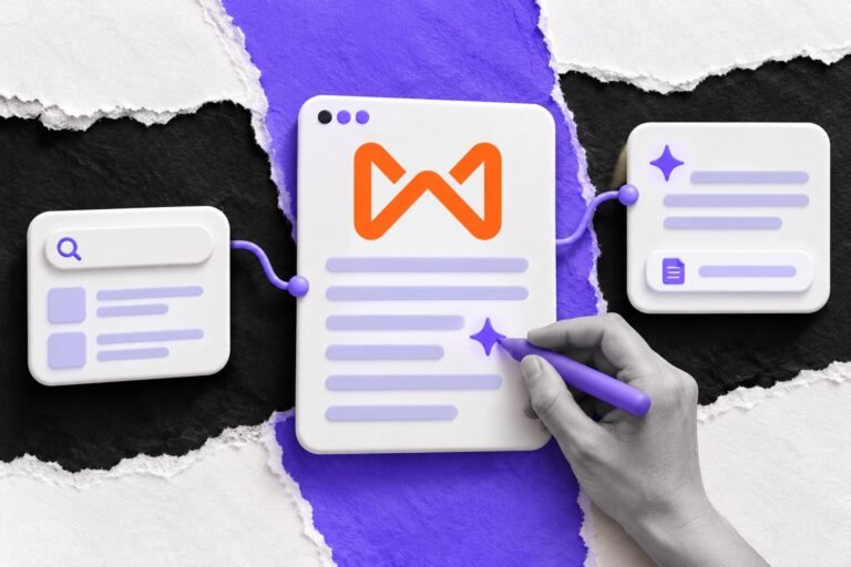 Colagem: artigo com o logo do Writesonic escrito por IA chega à busca e a um painel de resposta