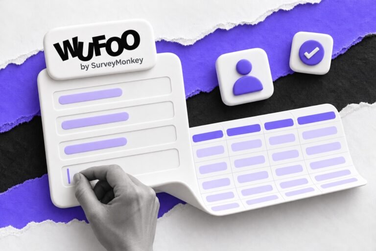 Colagem: formulário com selo do Wufoo se desdobra em sanfona numa planilha