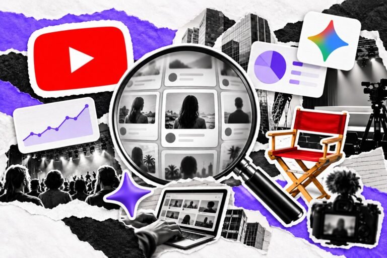 Colagem: lupa sobre um mural de perfis de criadores, cadeira de diretor vermelha e logo do YouTube.