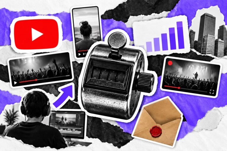 Colagem: contador mecânico de cliques entre três formatos de vídeo, envelope de pagamento e logo do YouTube.