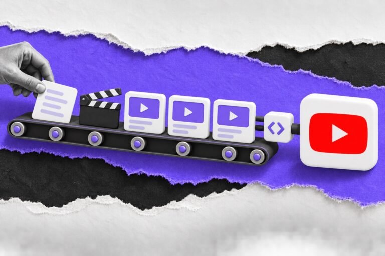 Colagem: linha de produção com roteiro, claquete e vídeos entrega cards por um conector a um ícone do YouTube.