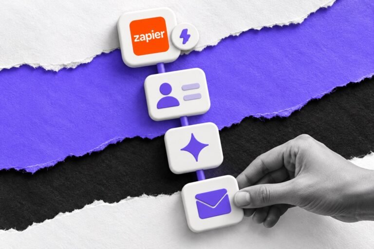 Colagem: cadeia vertical de cartões de etapa iniciada pelo logo do Zapier, com passo de IA e envelope.