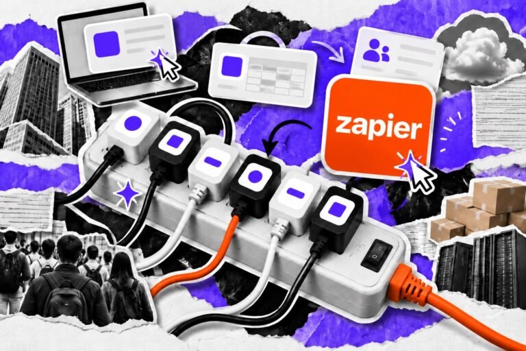 Colagem: régua de tomadas com ícones de aplicativos conectados por cursores de IA e logo do Zapier.