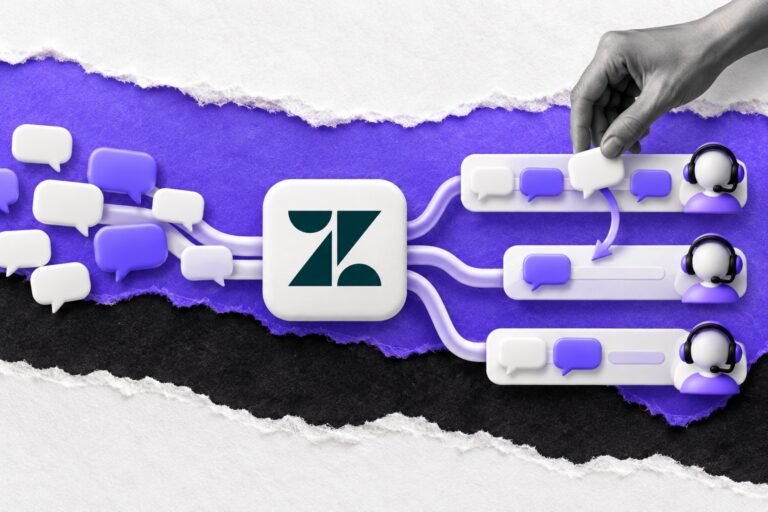 Colagem: balões de chat entram num roteador com logo do Zendesk e saem em três filas com atendentes.