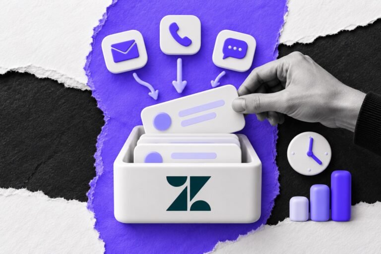 Colagem: bandeja de chamados com logo do Zendesk recebe tickets de e-mail, telefone e chat; mão puxa um.