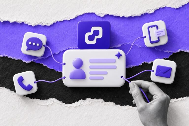 Colagem: perfil de cliente sob placa com o logo da Zenvia, ligado a mensagem, e-mail, telefone e chat