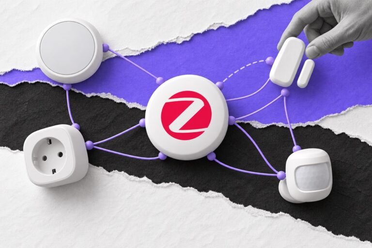 Colagem: rede de dispositivos ligados a hub com o logo do Zigbee; mão retira um sensor e a malha se refaz