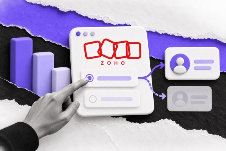 Colagem: formulário com o logo do Zoho em que a resposta abre um caminho e apaga o outro