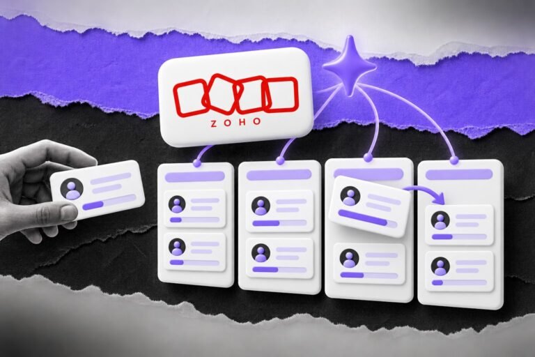 Colagem: pipeline de vendas com o logo do Zoho; brilho de IA adianta o negócio mais provável