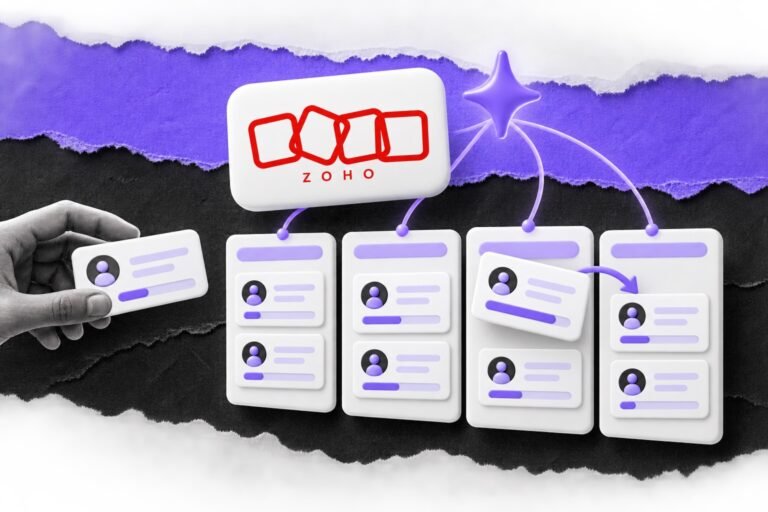 Colagem: pipeline de vendas com o logo do Zoho; brilho de IA adianta o negócio mais provável